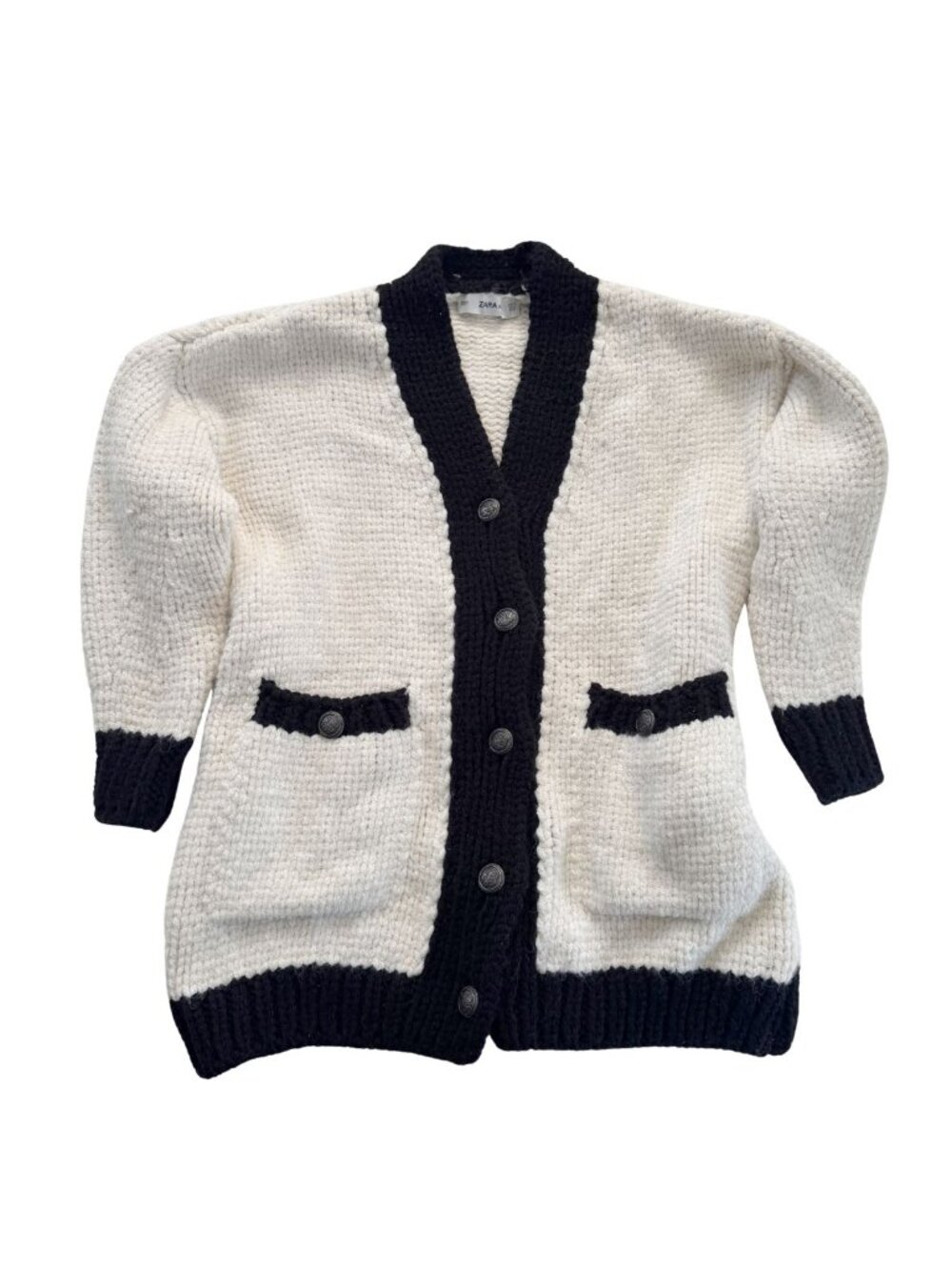 ZARA Chunky Oversized Knit Cardigan White Black Contrast Trim - Picture 4 of 13